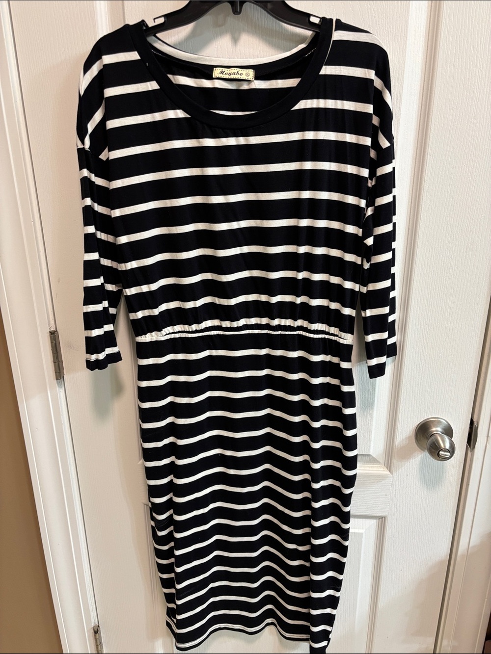 Black & White Striped Midi Dress with Elastic Waist